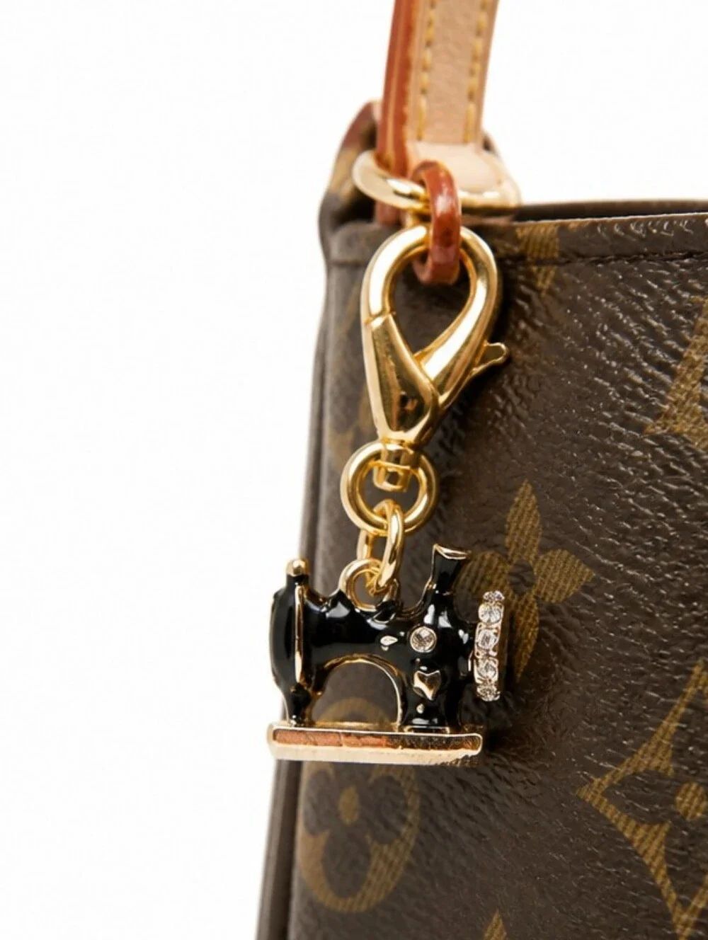 Black Sewing Machine Keychain Gold Clip Rhinestone Sewist Gift Bag Charm Kawaii